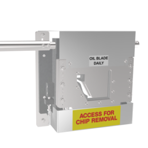 5" Front Pull Guillotine for K-Style gutters. This tool is used in gutter machines for precision cutting of gutter materials, with a labeled access point for chip removal.