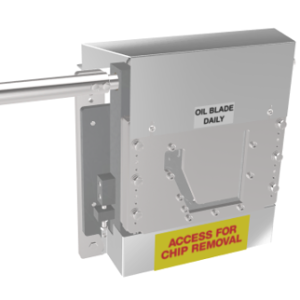 6" Front Pull Guillotine for K-Style gutters. This tool is used in gutter machines for precision cutting of gutter materials, featuring a handle for operation and a labeled access point for chip removal.