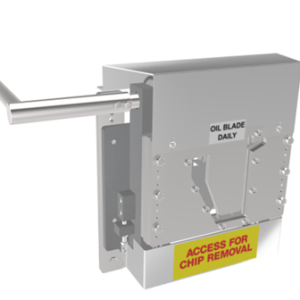 5" Fascia Front Pull Guillotine for gutter machines. This tool is used for precision cutting of fascia-style gutters, featuring a handle for operation and a labeled access point for chip removal.